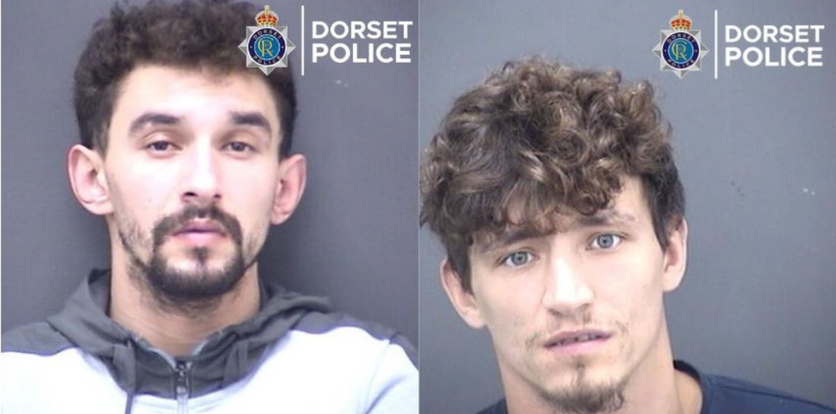 Dorset Police mugshot of two men, both with brown curly hair