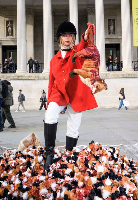 A hunter holds aloft a a fake dead fox