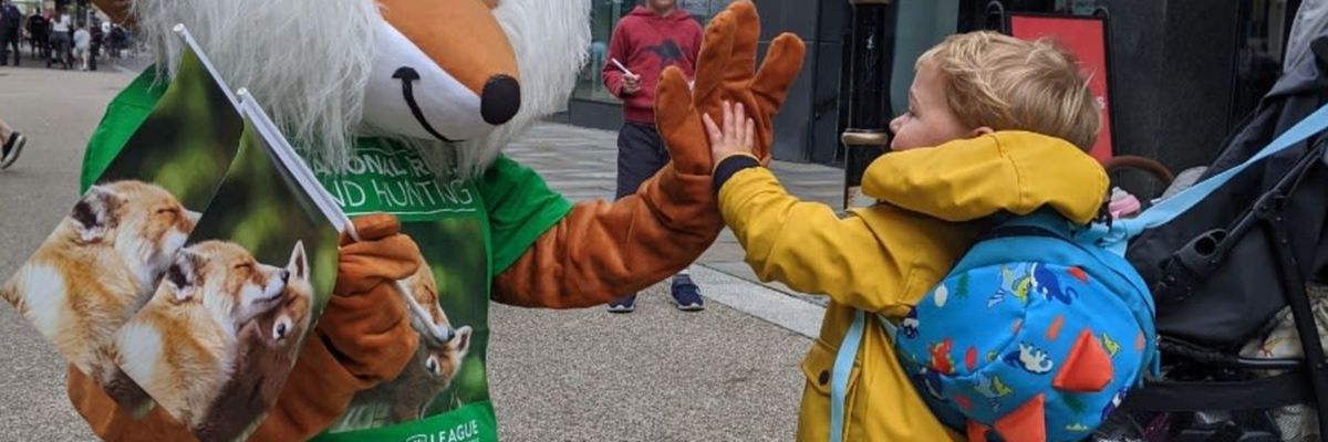 Person in fox costume high fiving child